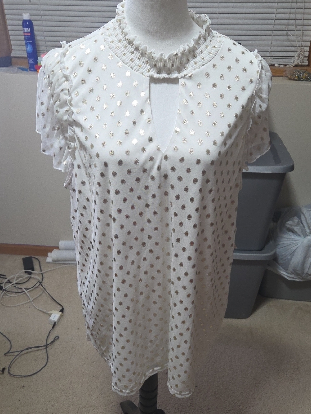 poppi White Blouse with Gold Polka Dots and Ruffle Neck